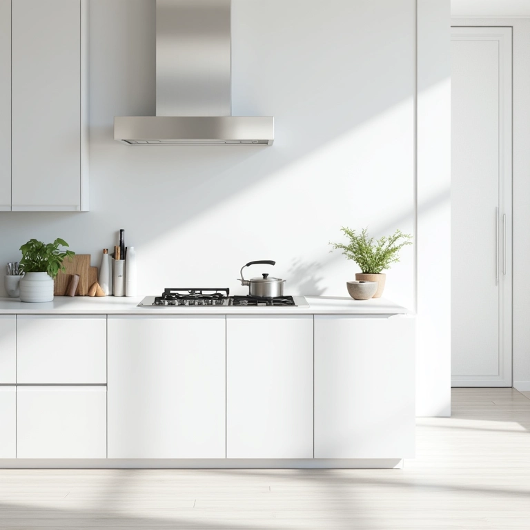 Cozinha minimalista com armários de aço branco.