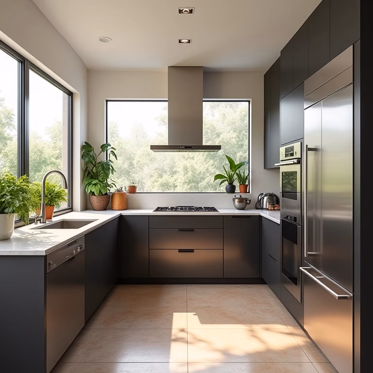 Cozinha moderna brasileira com armários de aço inox, cores vibrantes e iluminação natural.