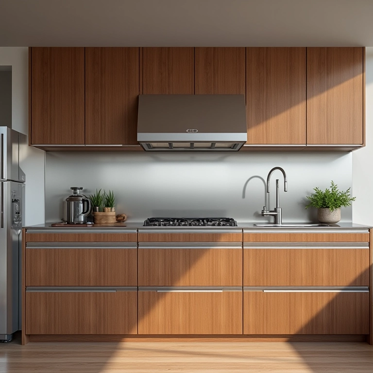 Cozinha moderna com armários de aço e madeira.