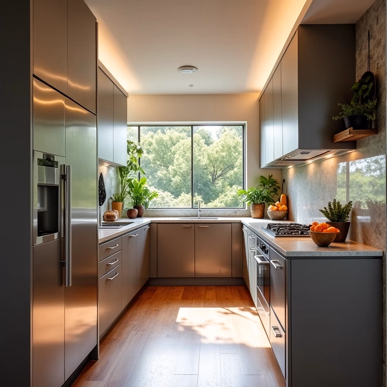 Cozinha moderna com armários de aço inox e decoração brasileira vibrante.