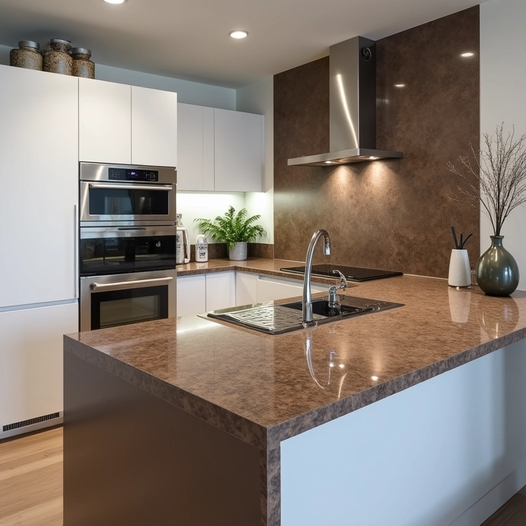 Cozinha moderna com bancada de granito marrom Castor e eletrodomésticos de inox.