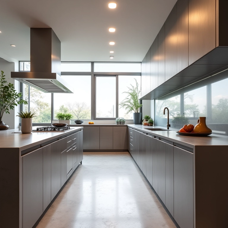 Cozinha moderna com design minimalista e armários de aço inox.