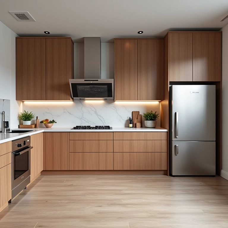 Cozinha moderna com linhas limpas e armários geométricos.