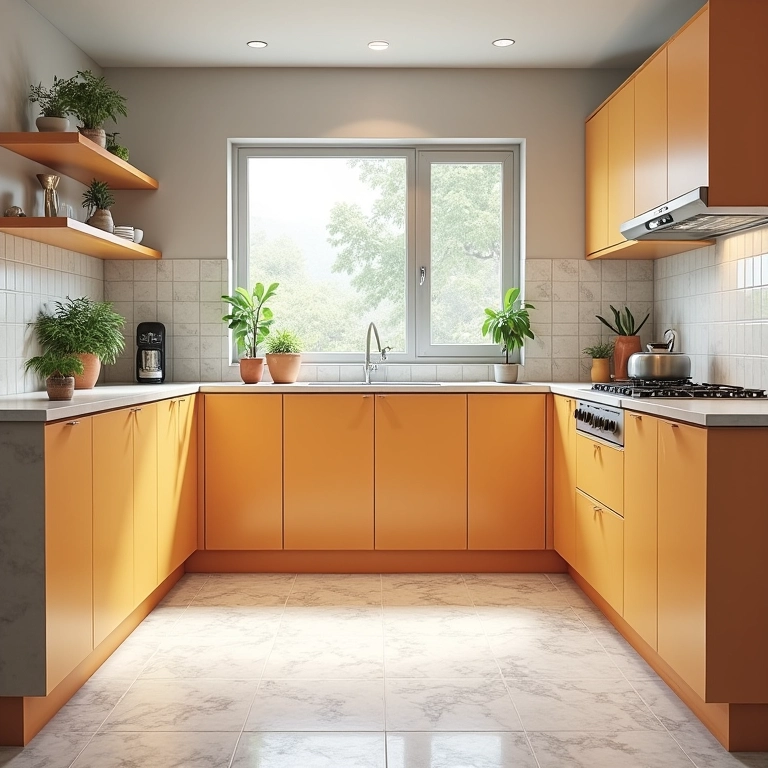 Cozinha moderna com piso de linóleo, armários coloridos e ambiente arejado.