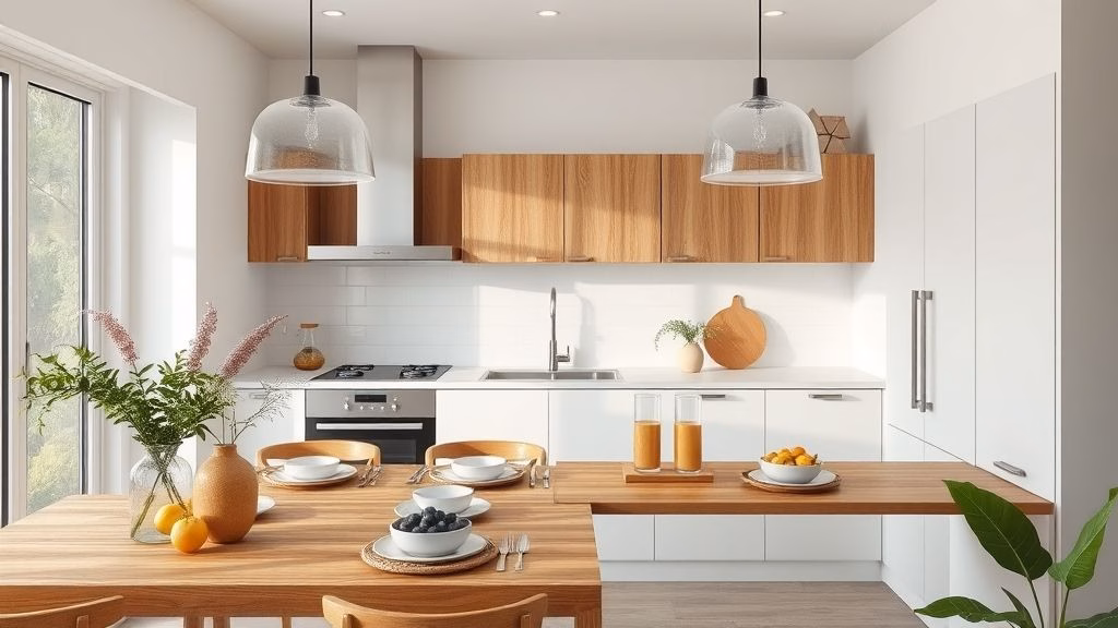 Cozinha minimalista branca com bancada de madeira e ervas frescas: Inspiração para sua reforma