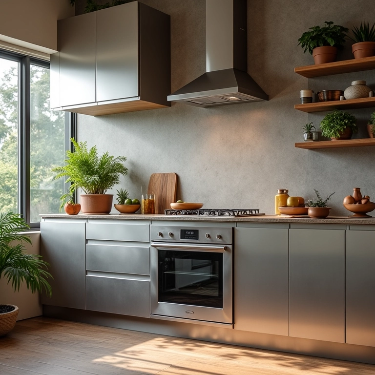 Cozinha sustentável com armários de aço e materiais ecológicos.
