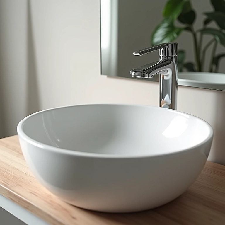 Cuba de apoio redonda sobre gabinete de banheiro de 60cm.