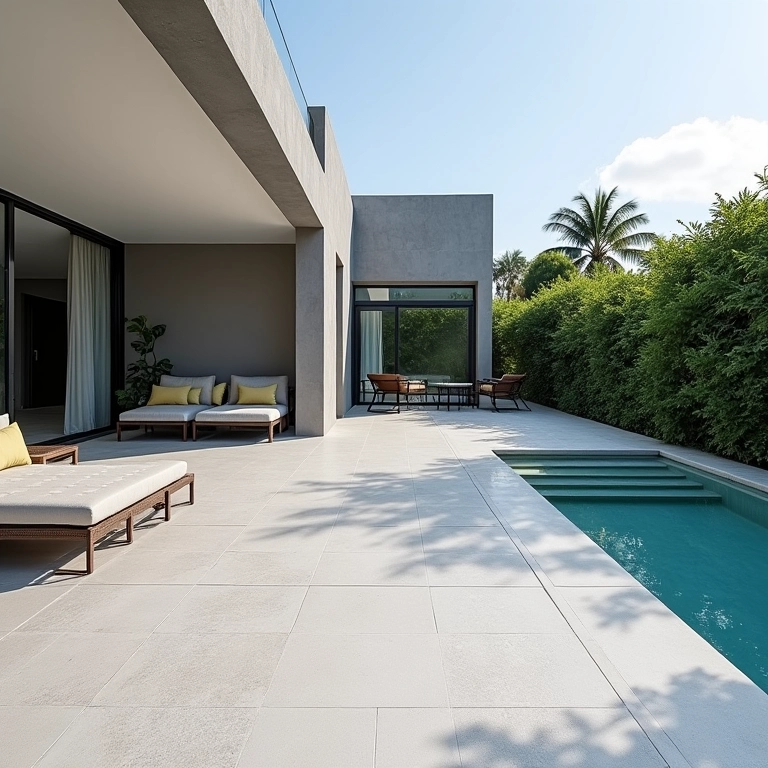 Deck de piscina com pedra São Tomé, demonstrando durabilidade em uma casa moderna brasileira.