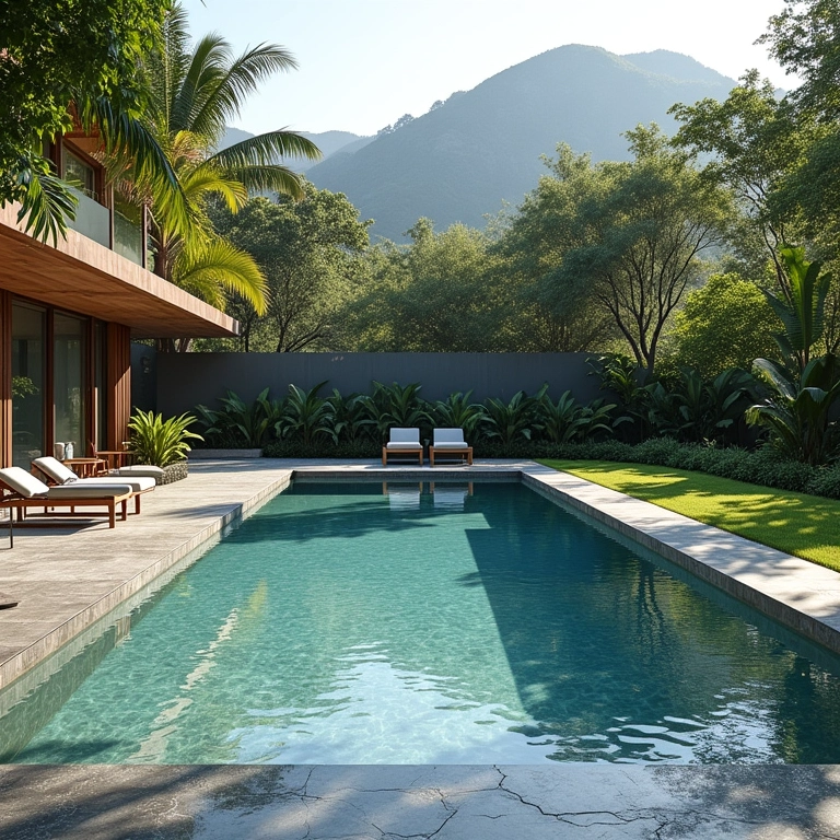 Deck de piscina com pedra São Tomé em cores harmoniosas com o ambiente, iluminação natural.