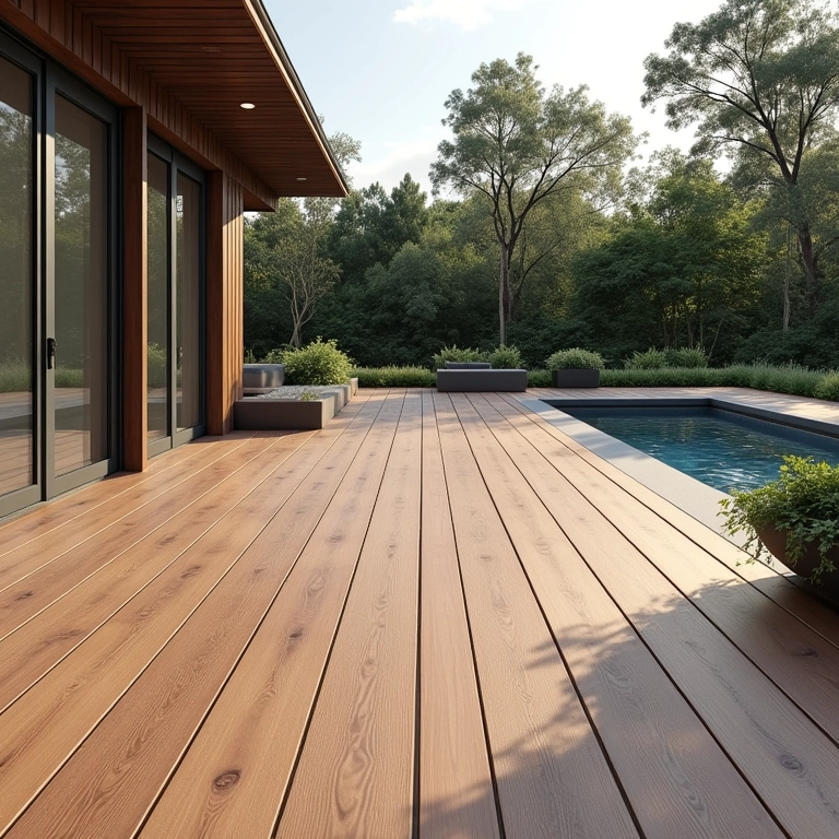 Deck externo com porcelanato que imita madeira.