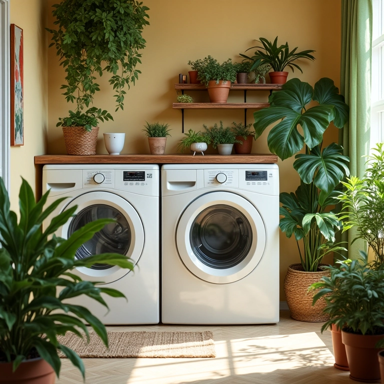 Decoração com plantas na área de serviço.