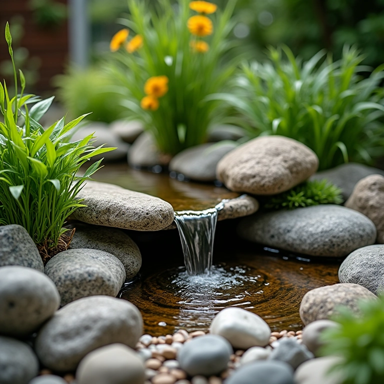 Decoração de um tanque de peixes com pedras, plantas e uma pequena cascata.