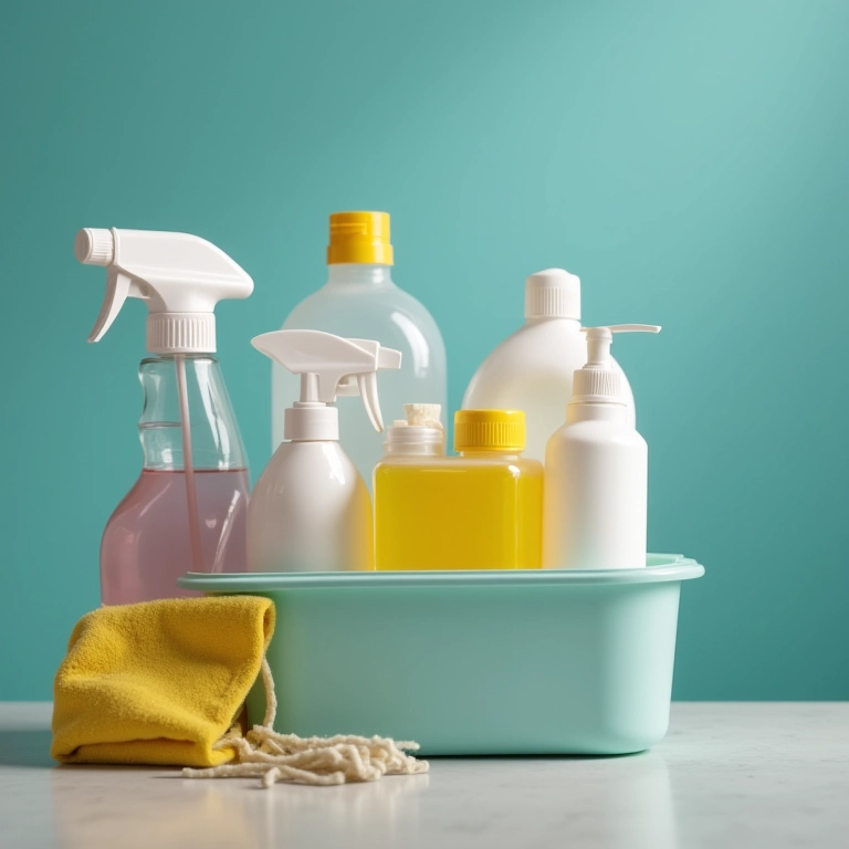 Desinfetantes e cloro gel organizados para limpeza pesada no banheiro.