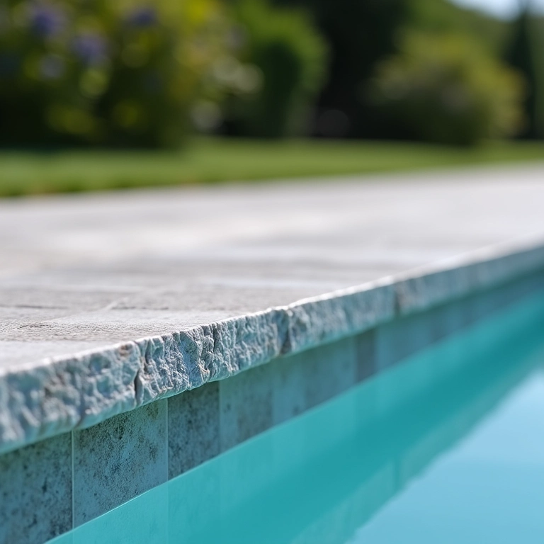 Detalhe da espessura adequada da pedra São Tomé na borda da piscina, garantindo segurança e durabilidade.