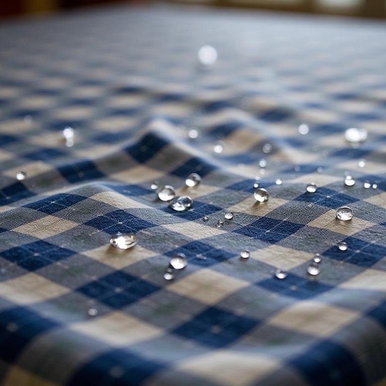 Detalhe da impermeabilidade da toalha xadrez, gotas de água.