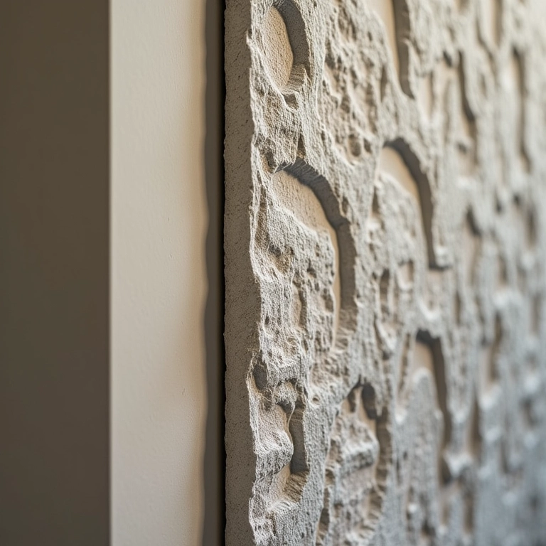 Detalhe da instalação de um revestimento 3D texturizado na parede.