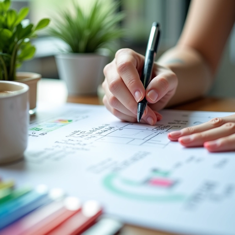 Detalhe da mão escrevendo em mesa lousa, com marcadores coloridos.