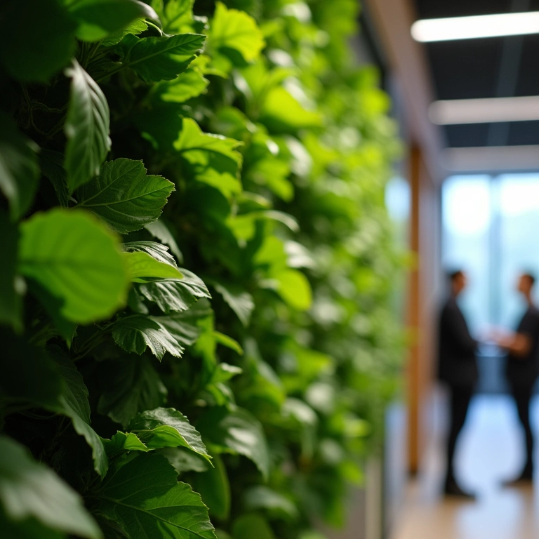Detalhe de folhagem em jardim vertical purificando o ar em escritório.