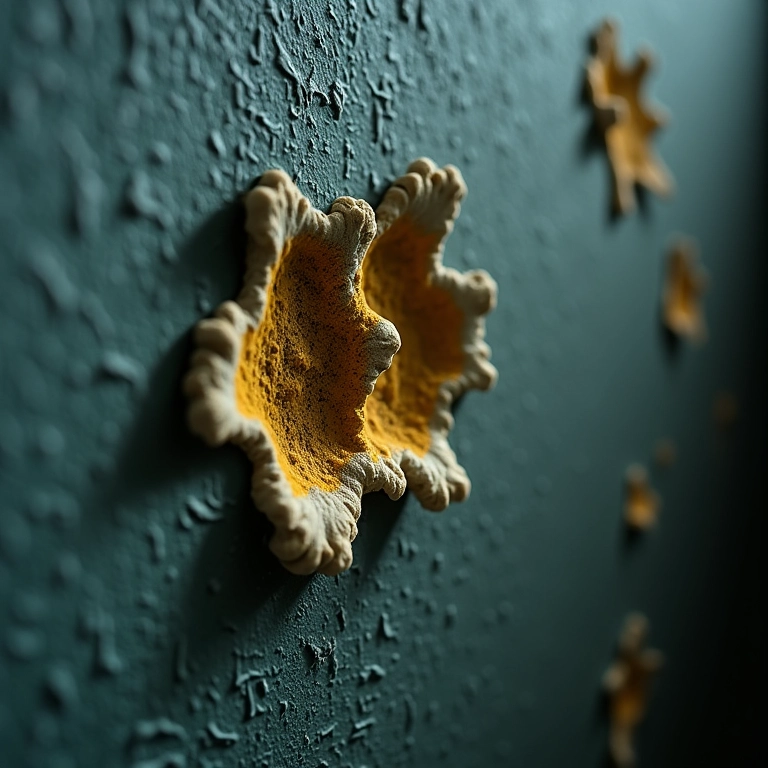 Detalhe de mofo crescendo em parede texturizada, com iluminação dramática.