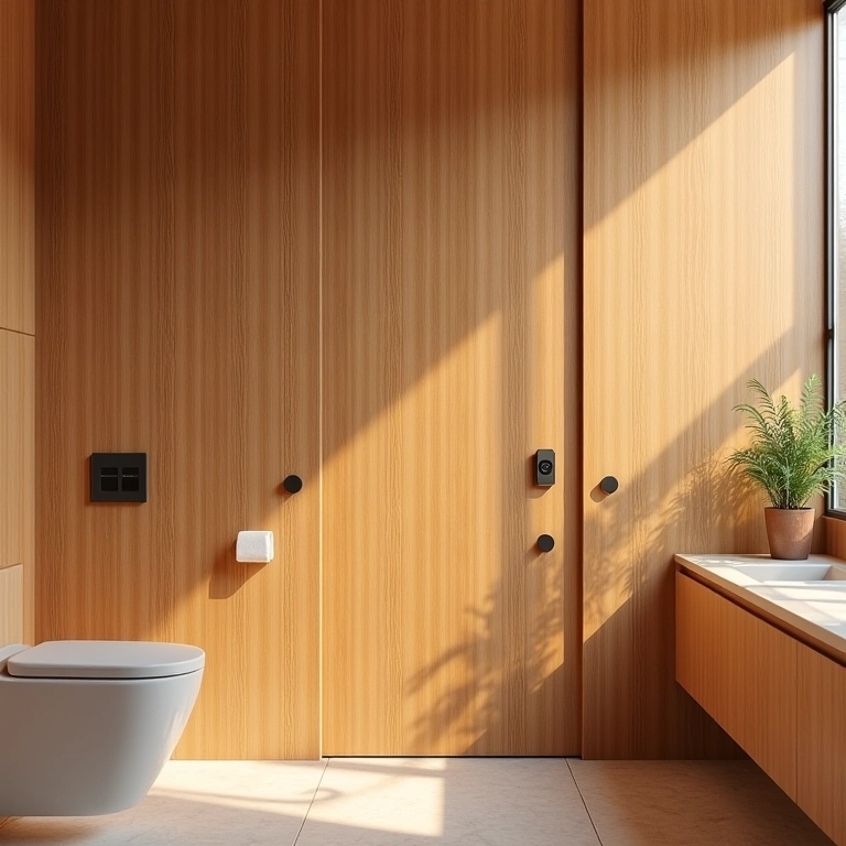 Detalhe de painéis de bambu em banheiro moderno