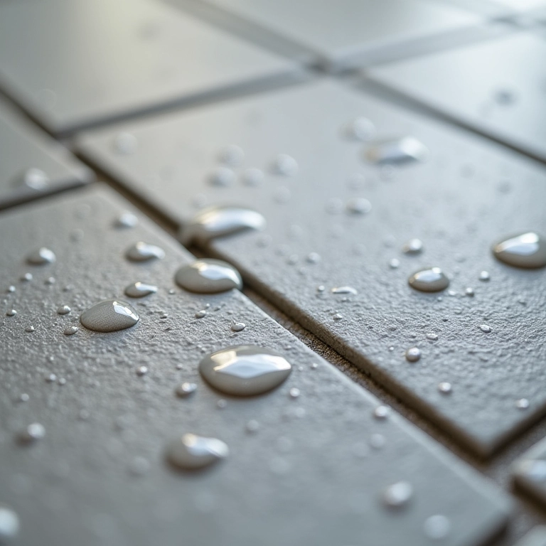 Detalhe de porcelanato antiderrapante mostrando textura e gotas d'água.