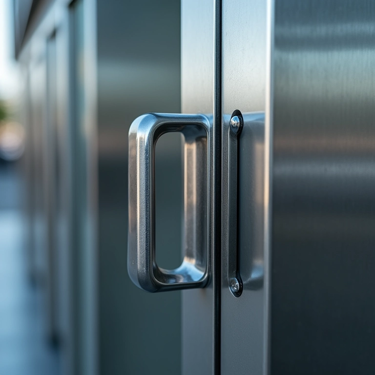 Detalhe de porta de aço resistente, mostrando sua durabilidade e qualidade.
