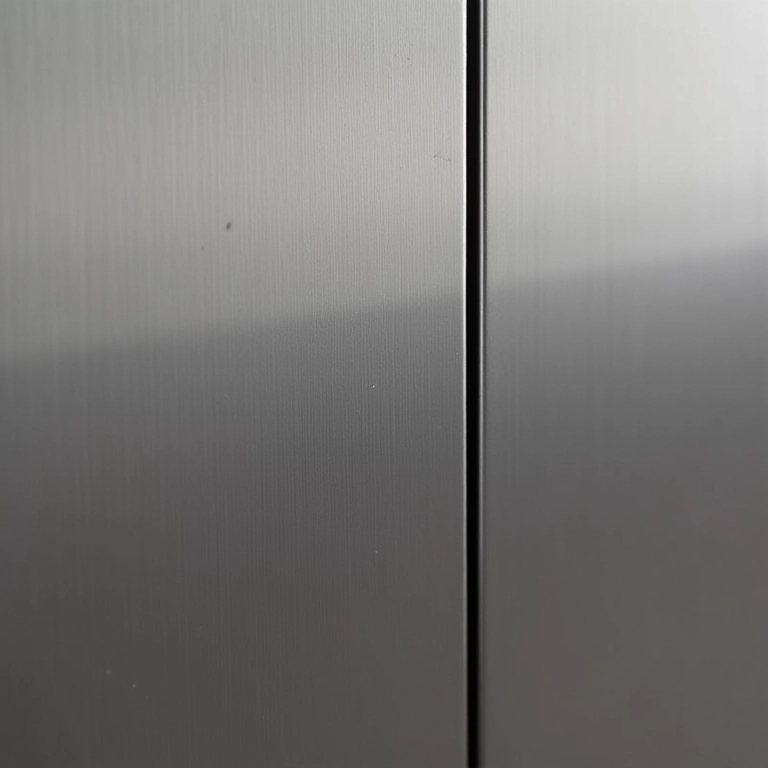 Detalhe de um armário de cozinha de aço mostrando sua durabilidade e resistência.