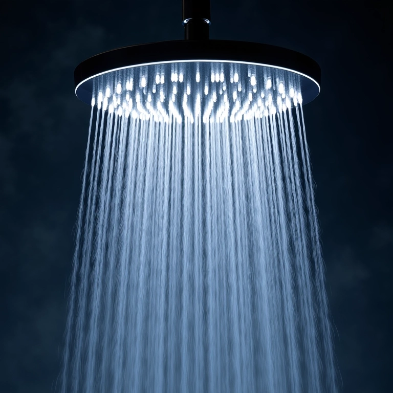 Detalhe de um chuveiro de teto com sistema de aquecimento eficiente.