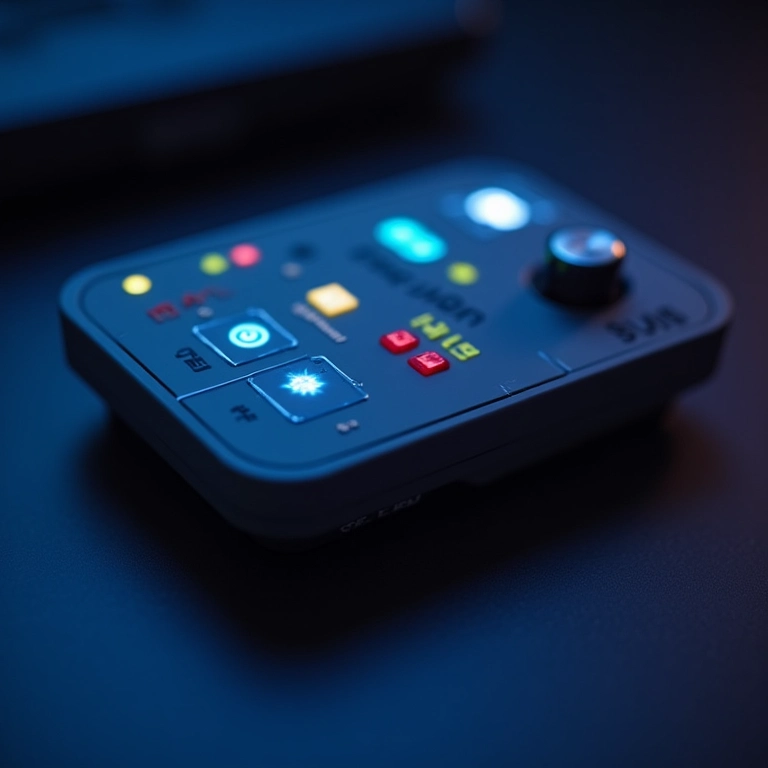 Detalhe de um simulador de TV mostrando suas diferentes configurações de luz.