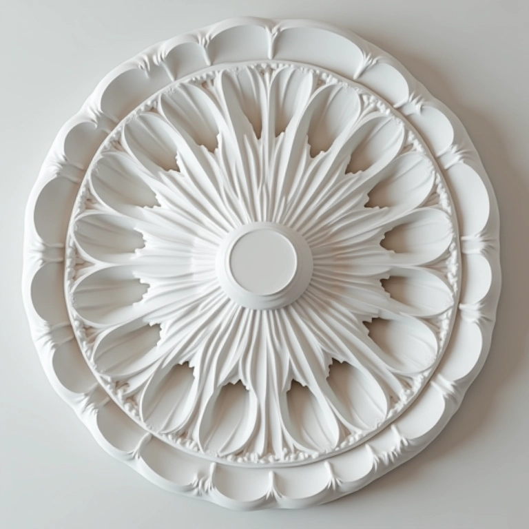 Detalhe de uma roda de gesso no teto com textura intrincada.