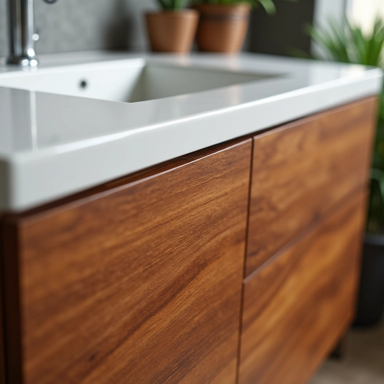 Detalhe do material de madeira do gabinete de banheiro de 60cm.