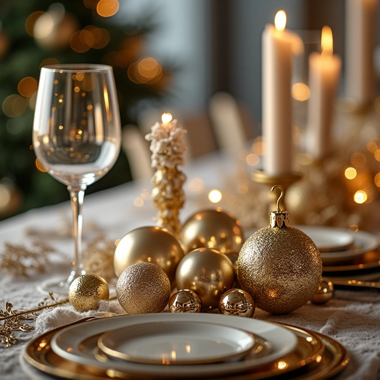 Detalhes em dourado e prata na mesa de Natal.