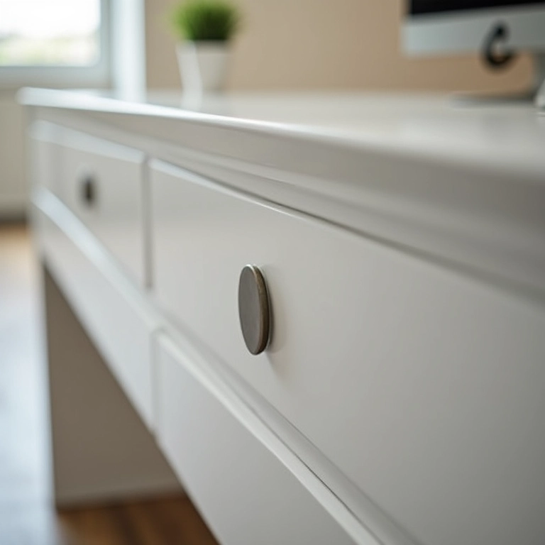 Detalhes em lousa integrados ao design da mesa de escritório, unindo funcionalidade e estilo.