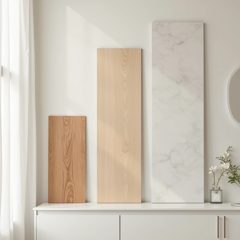 Diferentes materiais para armários de banheiro, como madeira, MDF e PVC.