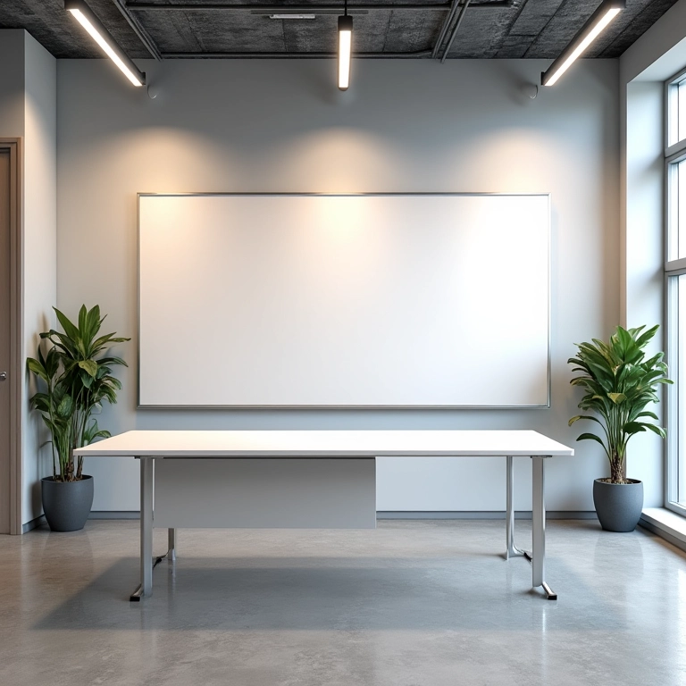 Diferentes modelos de mesa de escritório com lousa em escritório moderno.