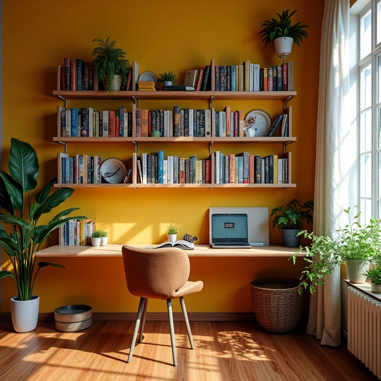 Diferentes tipos de móveis para biblioteca, incluindo estantes de parede e de canto.