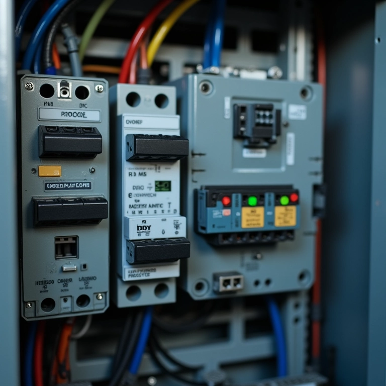 Dispositivos de proteção em um painel elétrico.