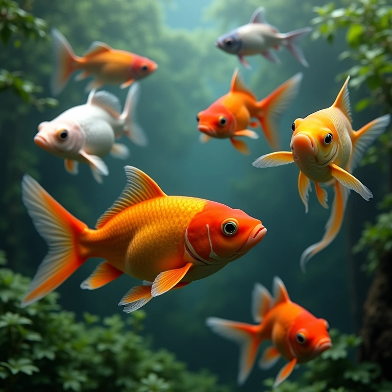 Diversidade de peixes coloridos nadando em um tanque de jardim: carpas, peixes dourados e espécies nativas.