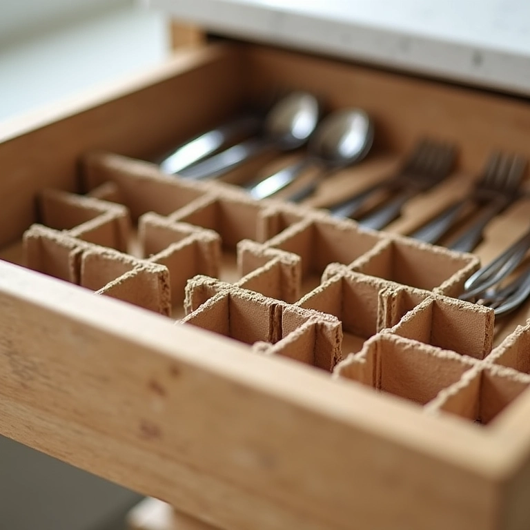 Divisórias de papelão em gaveta de talheres: solução econômica e sustentável.