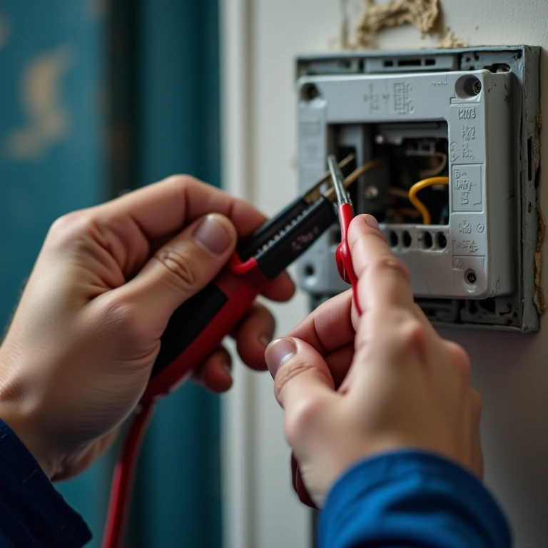 Eletricista inspecionando a fiação elétrica com ferramentas.
