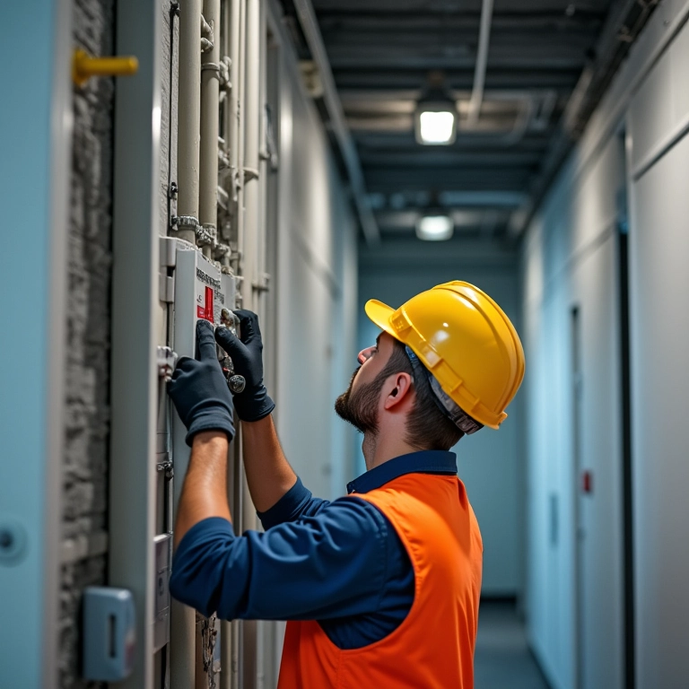Eletricista inspecionando visualmente a prumada elétrica.