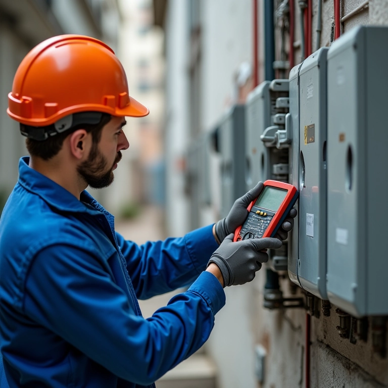 Eletricista realizando testes elétricos na prumada do prédio.