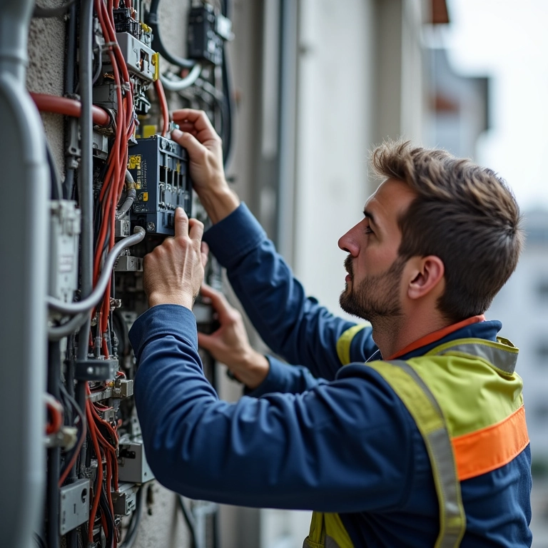 Eletricista substituindo um componente defeituoso na prumada.