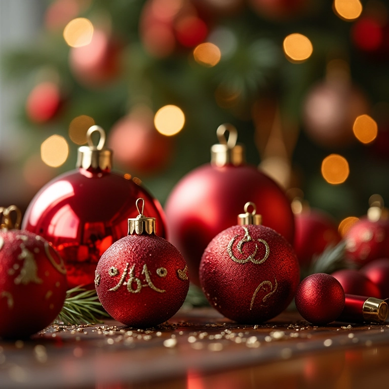 Enfeites personalizados em uma mesa de Natal, refletindo um estilo único.