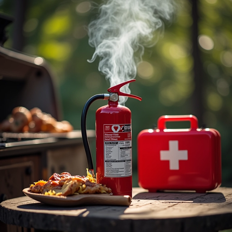 Equipamentos de segurança, como extintor e kit de primeiros socorros, em área de churrasco.