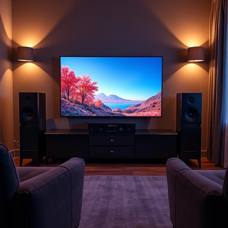 Equipamentos e layout otimizado para uma sala de TV pequena.