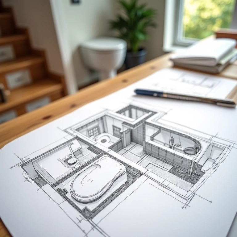 Esboços de planejamento para lavabo embaixo da escada.