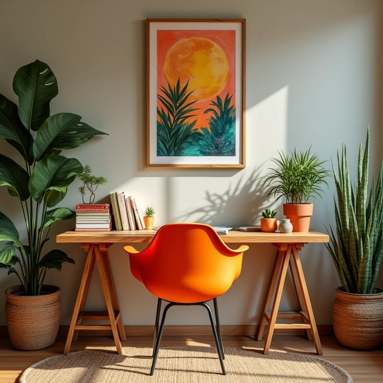 Escritório em casa com cadeira laranja combinando com a decoração.