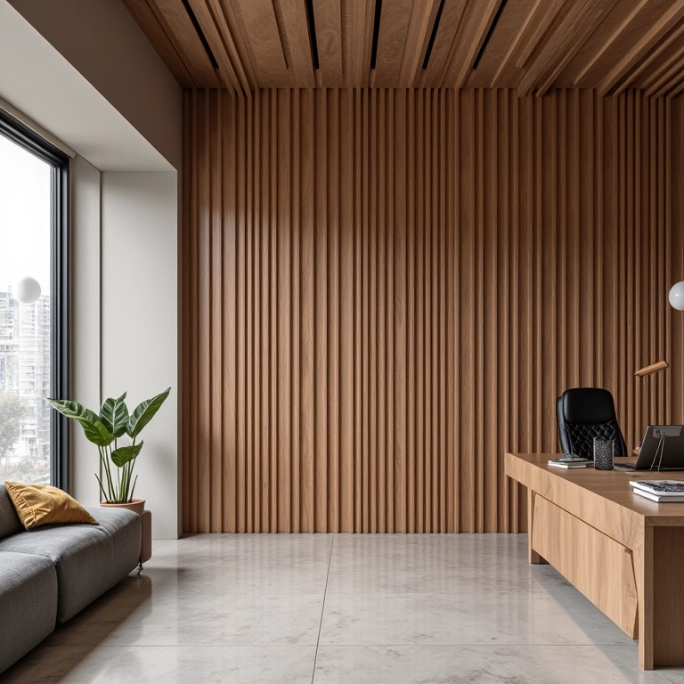 Escritório estiloso com painel ripado de MDF.