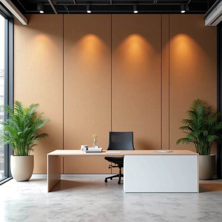 Escritório moderno com painéis de cortiça para isolamento acústico e térmico.
